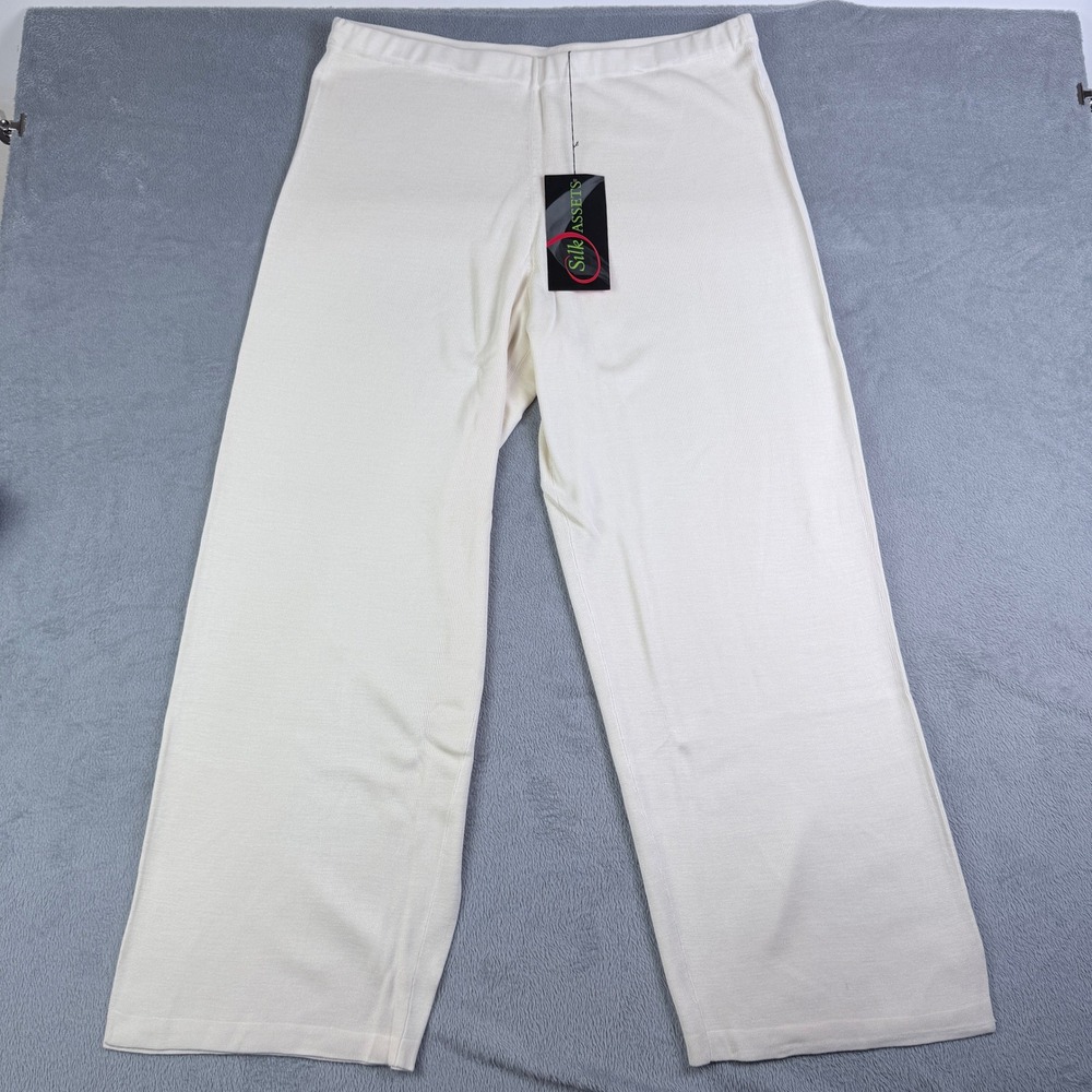 Silk Assets Womens 2X 100% Silk Knit Wide Leg Pants Ivory Cream Ribbed NWT